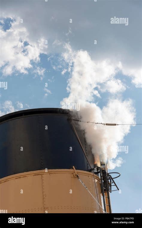 Ships Whistle Sounding Off From Funnel Of An Old Steam Ship Stock