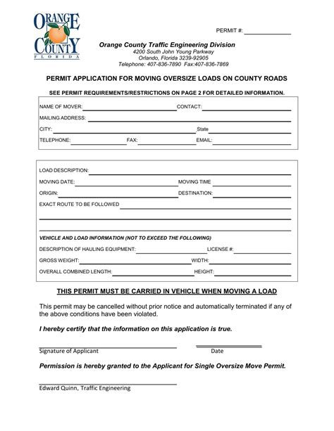 Orange County Florida Permit Application For Moving Oversize Loads On