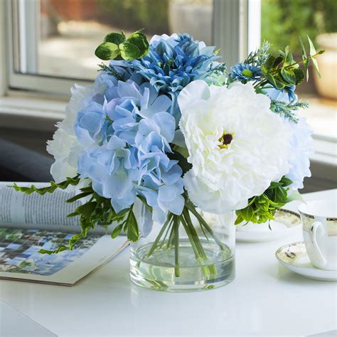 Enova Home Artificial Flowers Mixed Silk Blue Cream Peony And Hydrangea Fake Flowers Arrangement