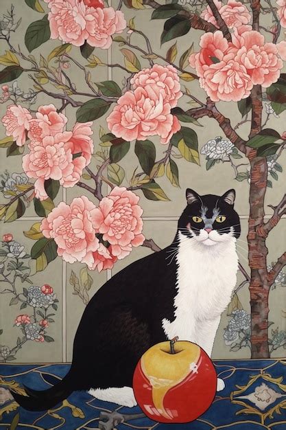 Premium AI Image | A painting of a cat sitting on a table with flowers ...