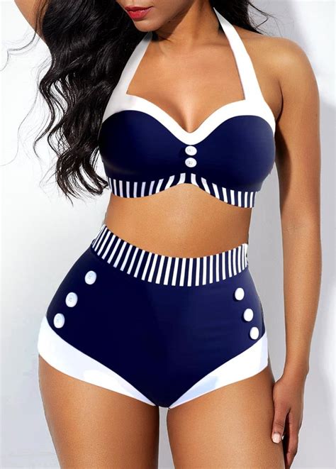 Nautical High Waisted Stripe Print Navy Blue Bikini Set Rosewe