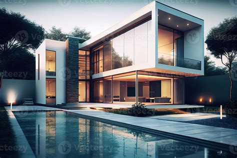Modern luxury house with swimming pool. Modern Villa, . Digital Art