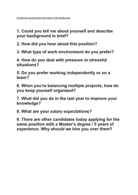 INTERVIEW QUESTIONS FOR MOCK JOB INTERVIEW 1 Could Chegg