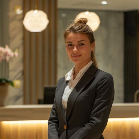 Receptionist Woman At Modern Hotel Lobby Desk Premium Ai Generated Image