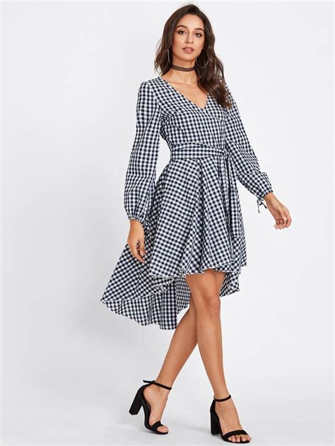 SHEIN Belted Dip Hem Surplice Wrap Gingham Dress