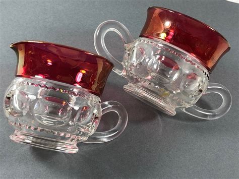 Set Of 2 Tiffin Kings Crown Thumbprint Ruby Red Clear Glass Open Sugar And Creamer Tiffin