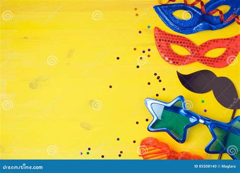 Carnival Party Concept With Costume Mask And Glasses On Yellow ...