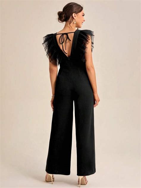 Shein Belle Plunging Neck Ruffle Trim Wide Leg Jumpsuit Shein Usa