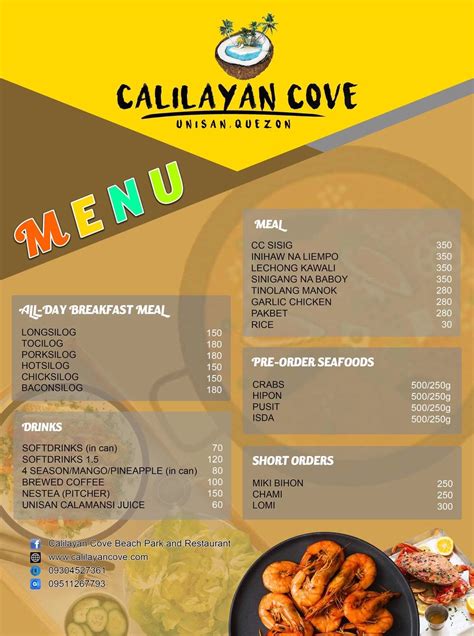 Calilayan cove restaurant and bar menu