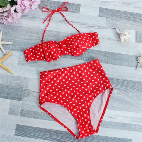 Polka Dot Bandeau Bikinis Red Bathing Suit Bow White Dot Halter String