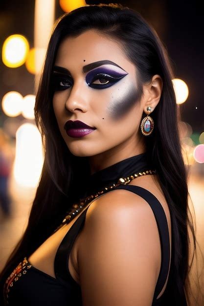 Closeup Retrato De Una Modelo Con Maquillaje De Carnaval En La Noche