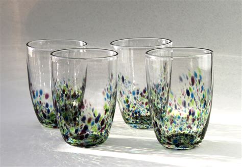 4 Hand Blown Glass Tumblers Multi Colour Water Glasses Etsy Glass Blowing Hand Blown Glass