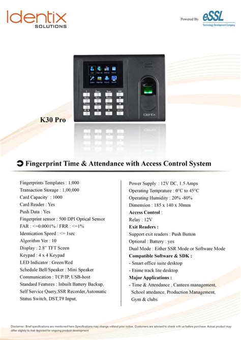 Model Name Number K K Essl Biometric Attendance System Optical