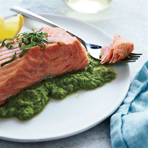 Roasted Salmon With Pea Puree Recipe Quick Salmon Recipes Salmon Recipes Pureed Food Recipes