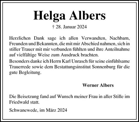 Traueranzeigen Von Helga Albers Trauer Gedenken