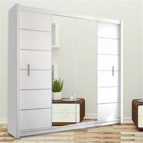 White 150cm Lisbon Mirrored Bedroom Wardrobes Sliding Double Doors