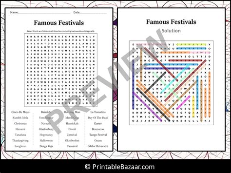 Famous Festivals Word Search Puzzle Worksheet Activity Teaching Resources