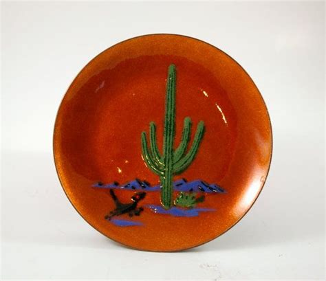 Saguaro Cactus Enameled Copper Plate Vibrant Orange