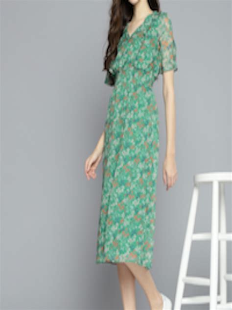 Buy Mast And Harbour Green And Rust Orange Floral Print Ruffled A Line Midi