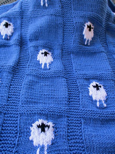 Blue Baby Blanket With Sheep Denim Blue Hand Knitted Baby Shower