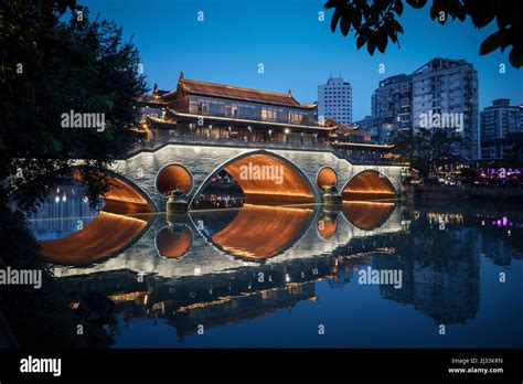 Illuminated Ashun Bridge Chengdu Jin River Sichuan Province China