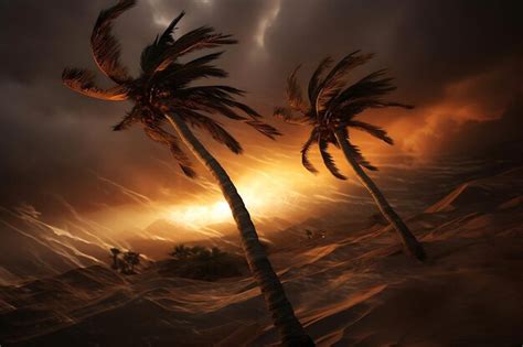 Premium Ai Image Photo Of Palm Trees Bent By Strong Winds