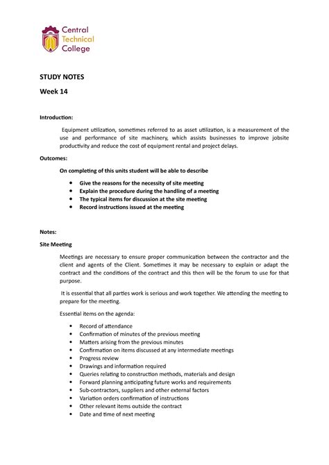 Week 14 Site Meeting STUDY NOTES Week 14 Introduction Equipment