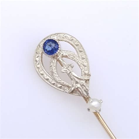 Antique 10k Gold Sapphire And Pearl Stick Pin 2 38 Etsy Vintage