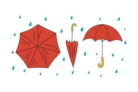 Set of drawings of umbrellas. Bright umbrella and raindrops. The rainy ...