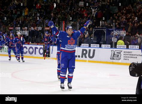 Ska Hockey Club Player Alexander Nikishin No 21 Seen In Action During The Kontinental Hockey