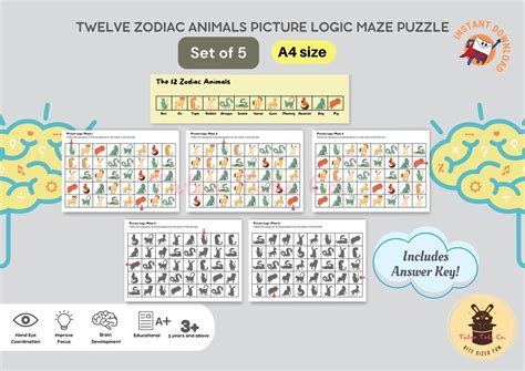 zodiac animals picture logic maze puzzle set  engaging mazes