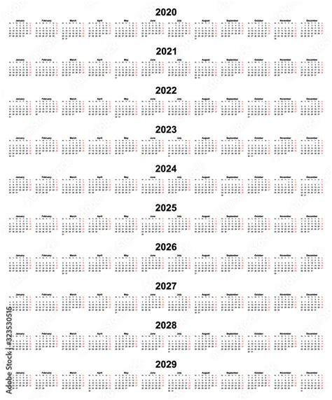 Simple Editable Vector Calendars For Year 2020 2021 2022 2023 2024 2025