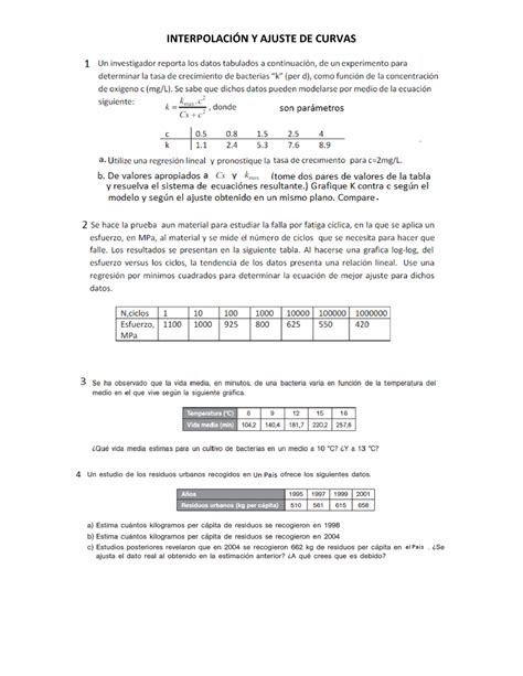 Taller Corte Ejercicios Y Problemas Para Ajuste De Curvas