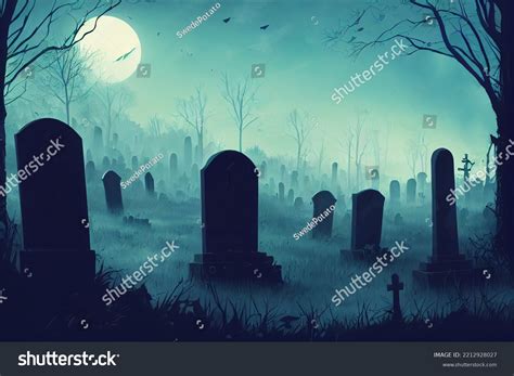 Creepy Graveyard Night Halloween Background Concept Stock Illustration ...