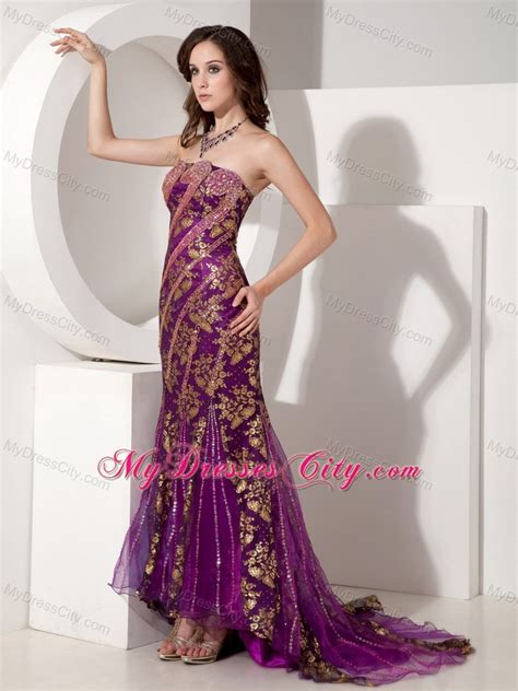 Customize Mermaid Purple And Gold Evening Dress With Brush Train