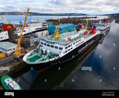 Glen Sannox ferry in dry dock at Greenock. Three other Caledonian ...