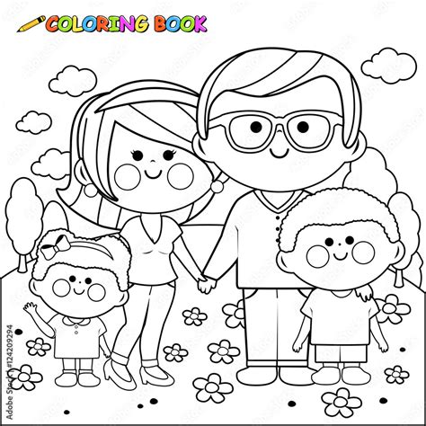 Happy family at the park. Vector black and white coloring page. Stock ...