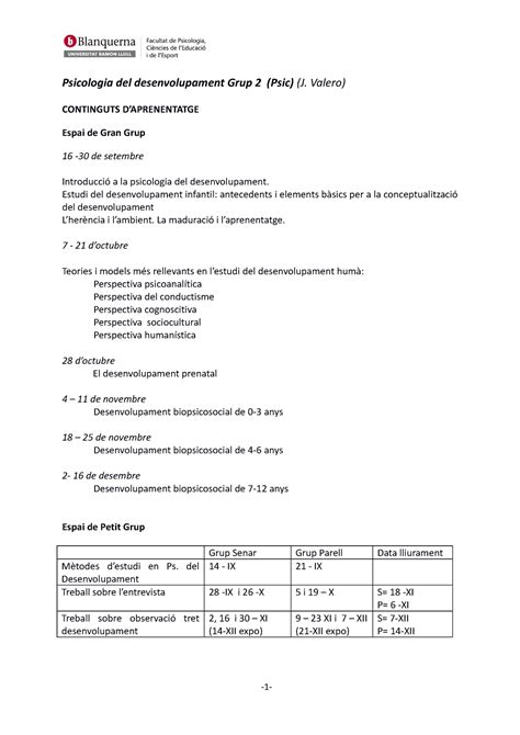 Cronograma Psico Desenvol Grup 2 Psicologia Del Desenvolupament Grup