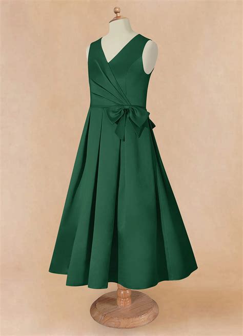 Dark Green Azazie Ronda Dark Green A Line Pleated Matte Satin Dress