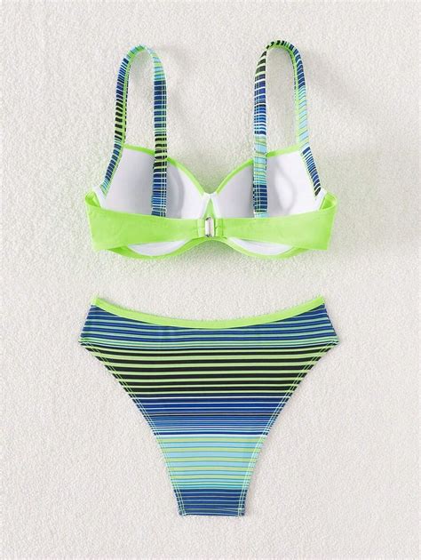 Shein Swim Vcay Summer Beach Random Print Neon Bikini Set Bathing Suit