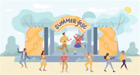 Summertime music festival flat illustration. open air live performance ...