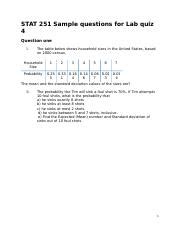 STAT 251 Sample Questions For Lab Quiz 4 Docx STAT 251 Sample