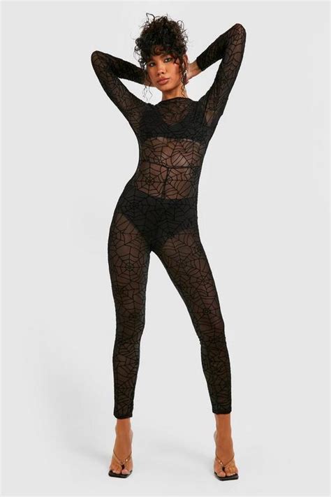 Halloween Cobweb Flock Mesh Jumpsuit Boohoo Usa