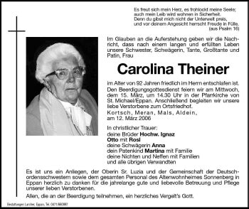 Traueranzeigen Von Carolina Theiner Trauer Bz