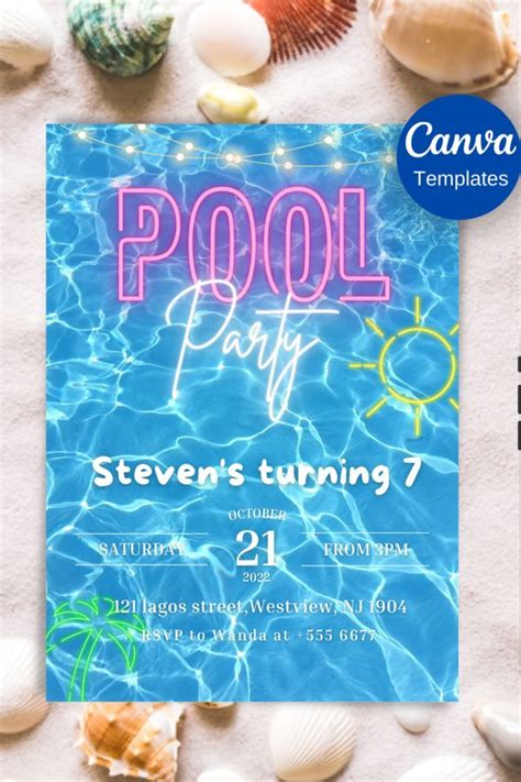 A Pool Party Flyer With Shells And Seashells