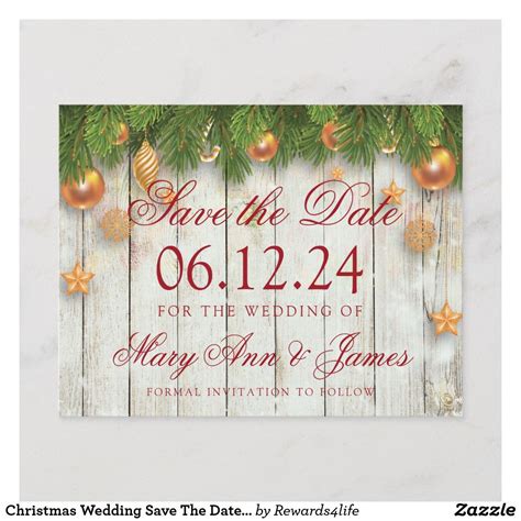 Save The Date Card With Christmas Ornaments And Pine Branches On White