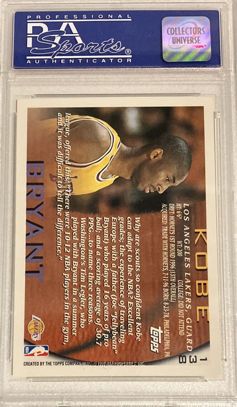 KOBE BRYANT 1996 Topps Basketball ROOKIE RC 138 PSA 10 GEM MINT EBay