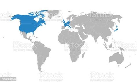 G7 Countries Map Highlighted Blue On World Map Stock Illustration ...