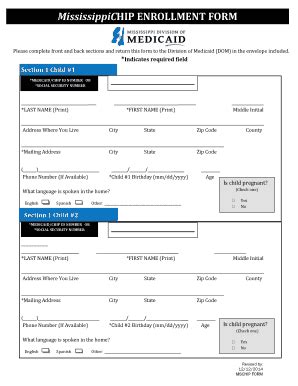 Fillable Online Medicaid Ms CHIP Enrollment BFormb Mississippi