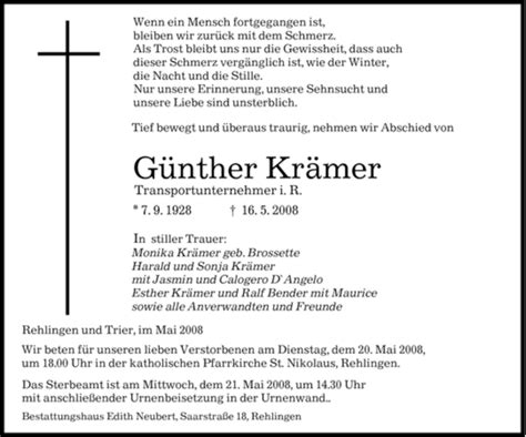 Traueranzeigen von Günther Krämer Saarbruecker Zeitung Trauer de